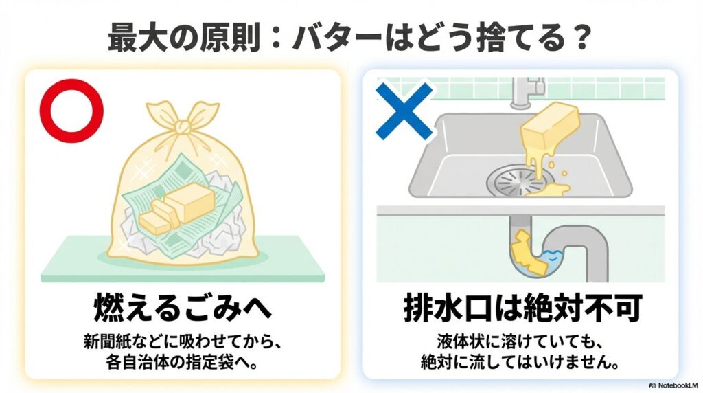 バターは排水口に流さず、新聞紙に吸わせるなどして燃えるごみとして出すべきであることを解説しています。