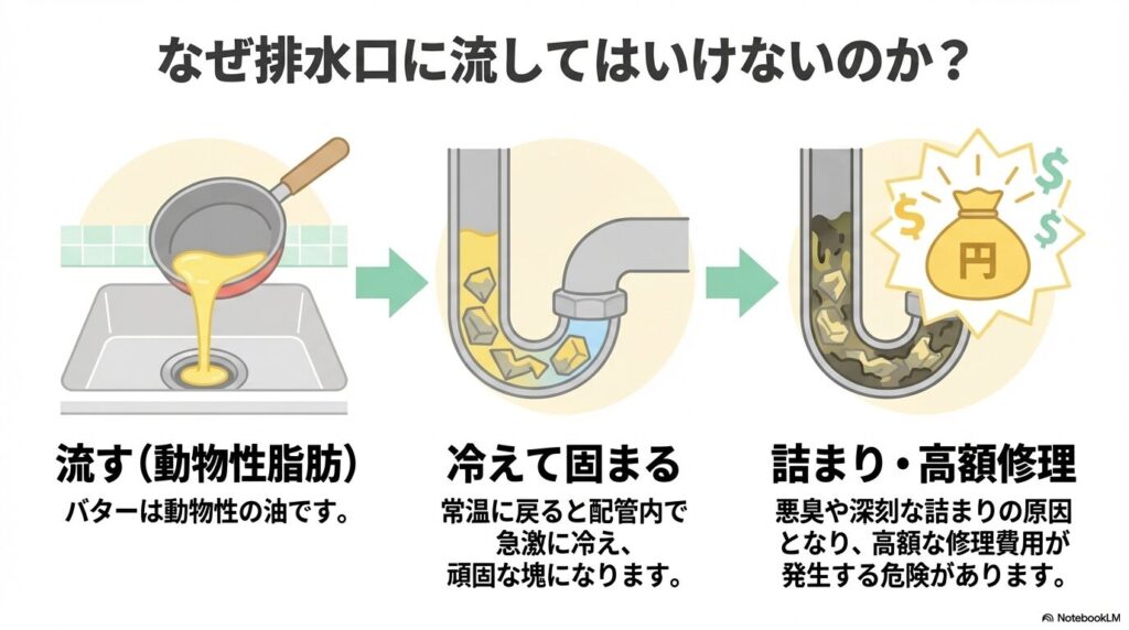 排水口に流したバターが配管内で冷え固まり、深刻な詰まりや高額な修理費用につながるリスクを図解しています。