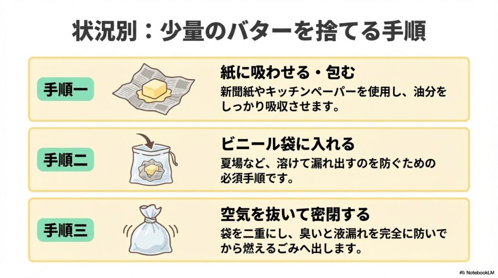 少量のバターを捨てる3つの手順として、紙に吸わせ、ビニール袋に入れ、空気を抜いて密閉する方法を紹介しています。