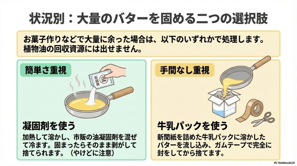 大量のバターの処理方法として、市販の凝固剤を使う方法と新聞紙を詰めた牛乳パックを使う方法を解説しています。