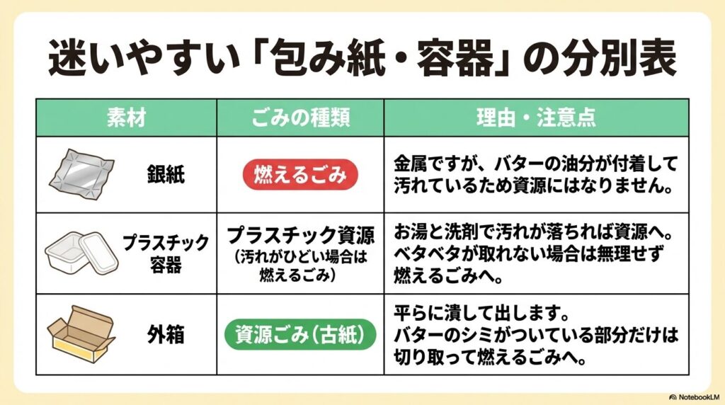 バターの包み紙や容器の分別表で、汚れの状態に応じた燃えるごみ、プラスチック資源、資源ごみの区分を説明しています。