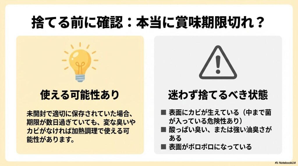 期限切れのバターが加熱調理で使える可能性のある状態と、カビや臭いがあり直ちに捨てるべき状態の見分け方を説明しています。