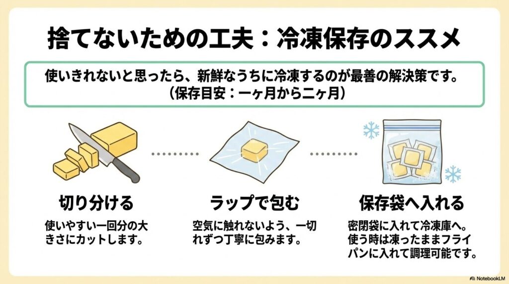 バターを無駄にしないため、一回分に切り分けてラップで包み、冷凍保存する手順を推奨しています。