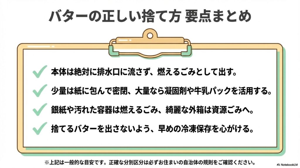 バターの正しい捨て方についての要点をまとめ、適切な処分と保存の重要性を再確認しています。
