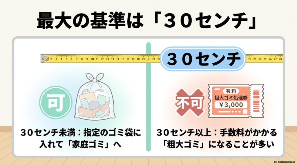 捨て方の基準は30センチで、未満なら家庭ゴミ、以上なら粗大ゴミになることが多い。