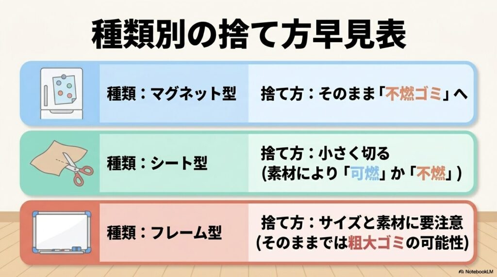 マグネット型、シート型、フレーム型という種類ごとの捨て方をまとめた早見表。