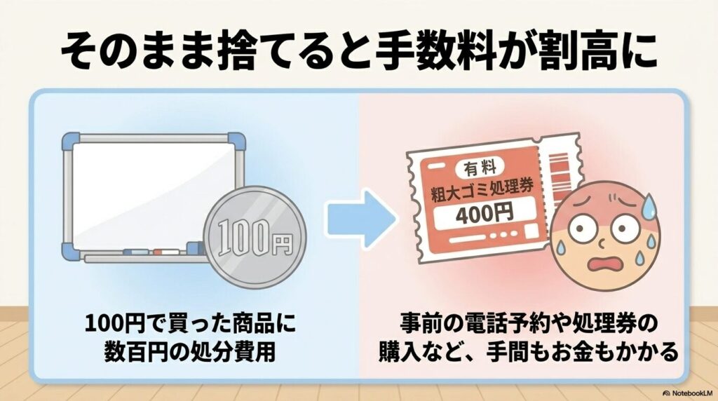 100円の商品でも粗大ゴミとして捨てると数百円の手数料がかかり割高になるという注意喚起。