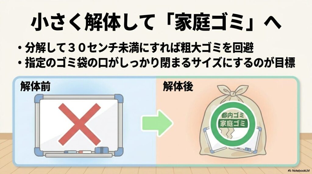 ホワイトボードを30センチ未満に解体することで、家庭ゴミとして捨てる方法の紹介。