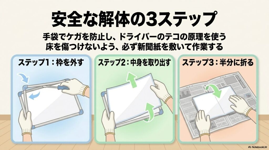 安全に解体するための3つのステップを、手袋や新聞紙などの注意点と共に解説。