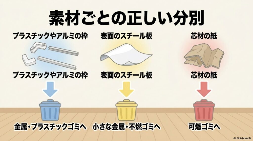 枠、スチール板、芯材の紙といった素材ごとの正しい分別方法の解説。