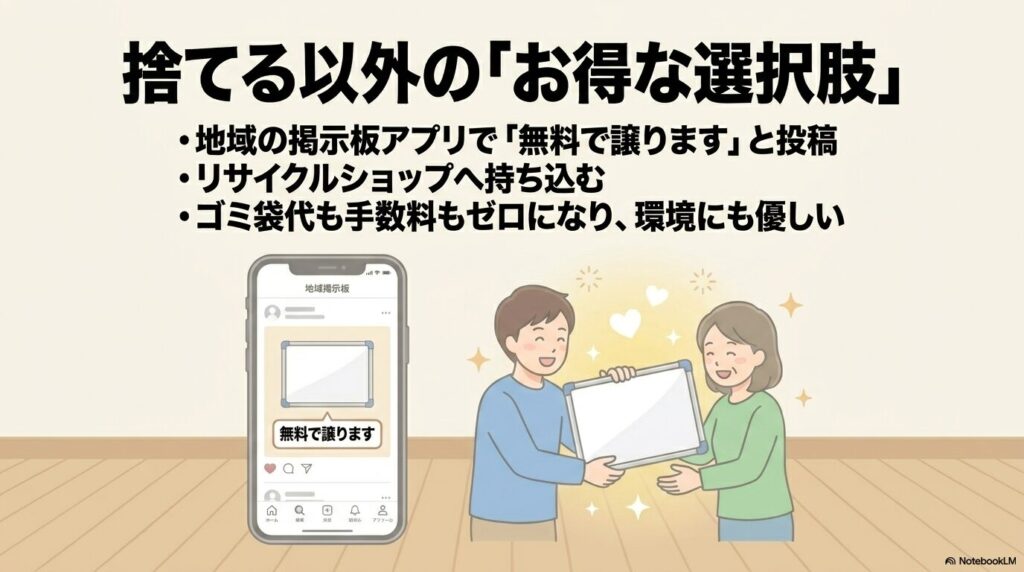掲示板アプリでの譲渡やリサイクルショップ利用など、捨てる以外の選択肢の紹介。
