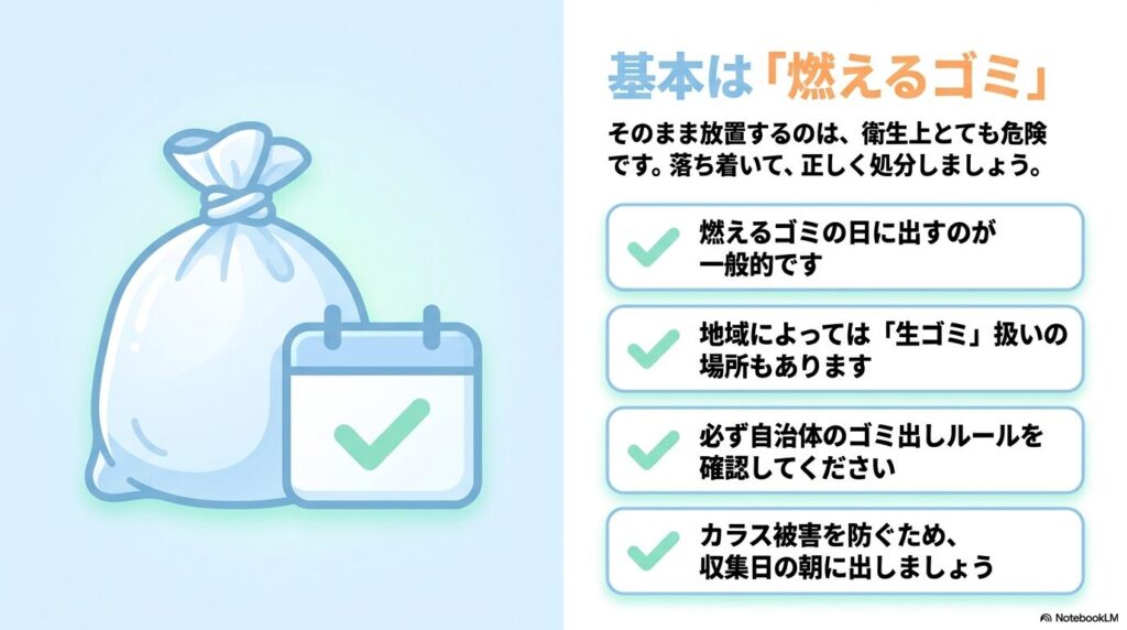 処分は基本的に「燃えるゴミ」であり、自治体のルール確認やカラス対策が必要であることを説明するスライド。