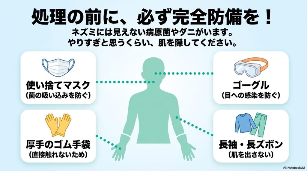 処理前の準備として、マスク、ゴーグル、ゴム手袋、長袖・長ズボンによる完全防備を推奨するスライド。