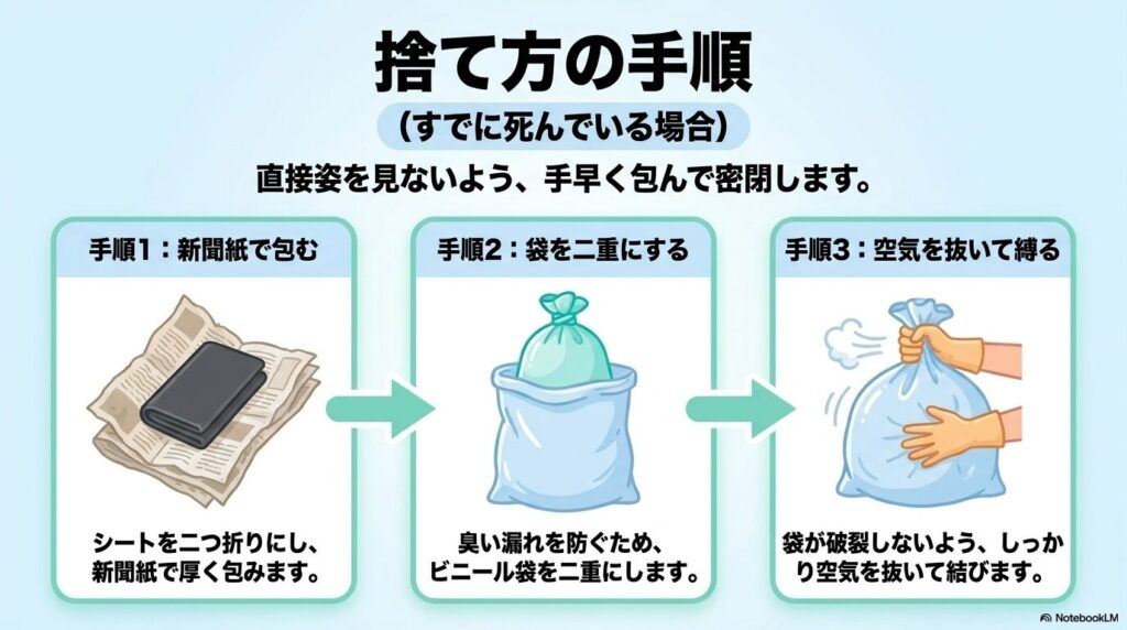 ネズミが死んでいる場合の捨て方を、新聞紙で包む、袋を二重にする、空気を抜くの3ステップで解説。