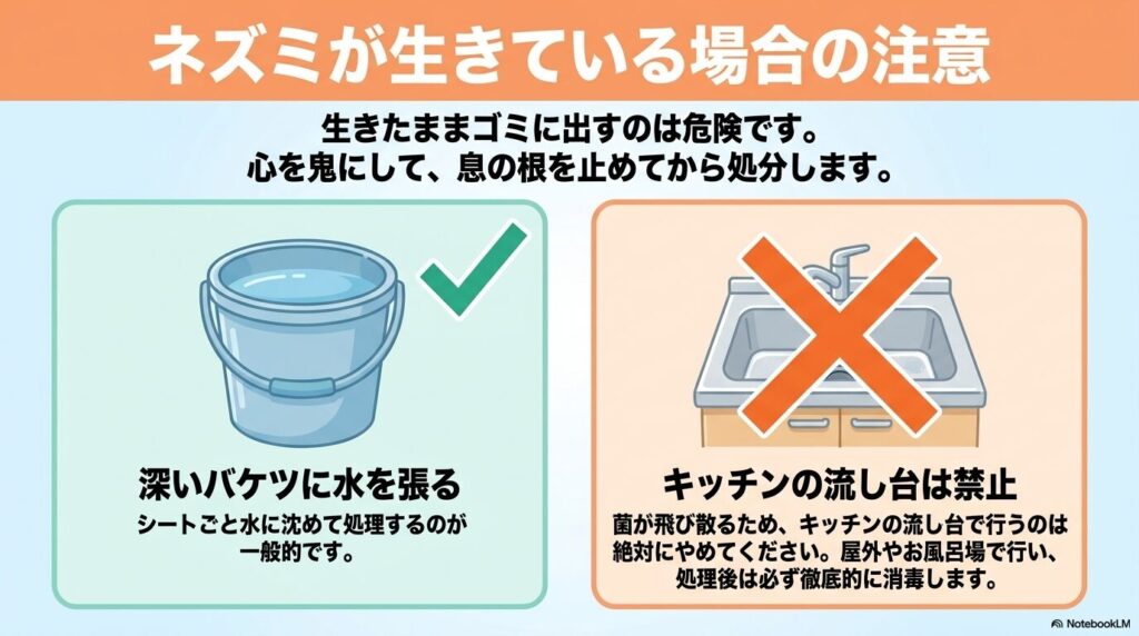 ネズミが生きている場合はバケツの水で処理し、キッチンの流し台は絶対に使用しないよう注意喚起するスライド。