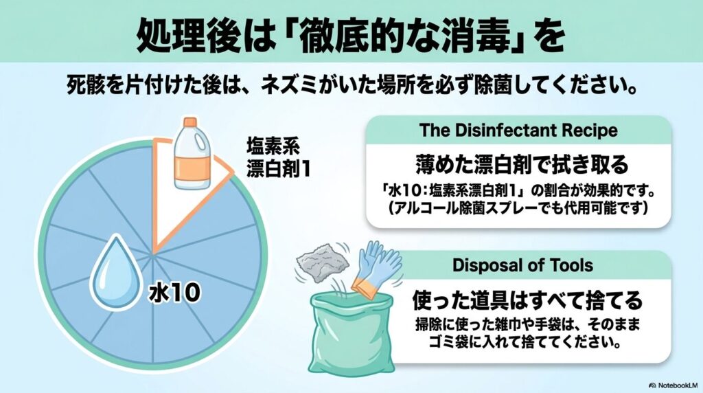 処理後の除菌方法として、水10対漂白剤1の割合での拭き取りと、使用した道具の廃棄について説明。