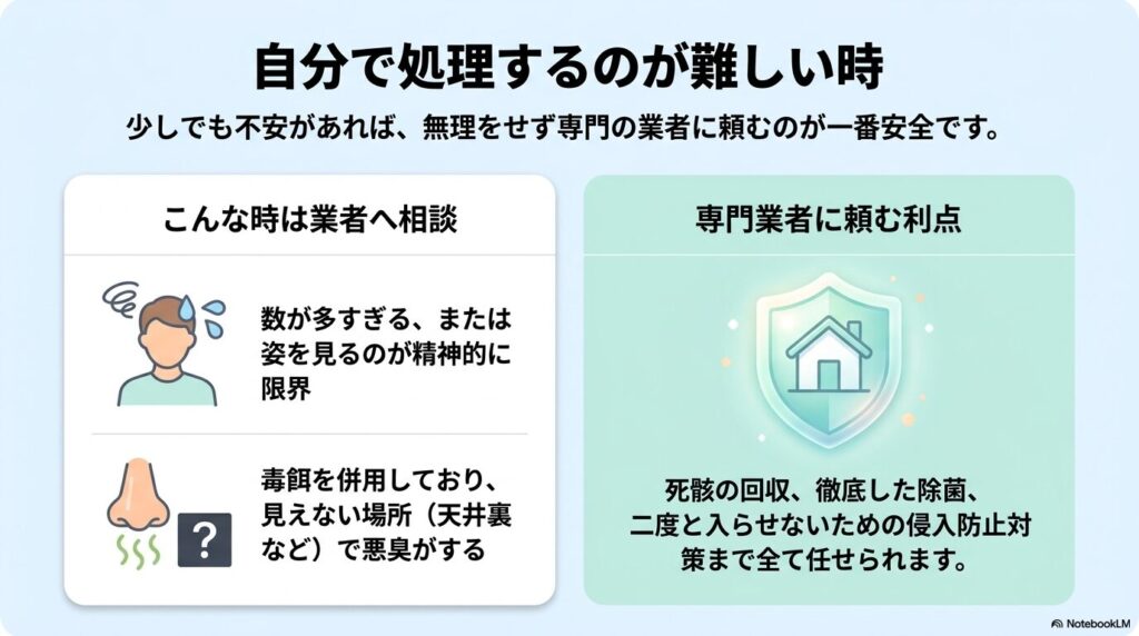 自力での処理が精神的・状況的に困難な場合に、専門業者へ相談するメリットを紹介するスライド。