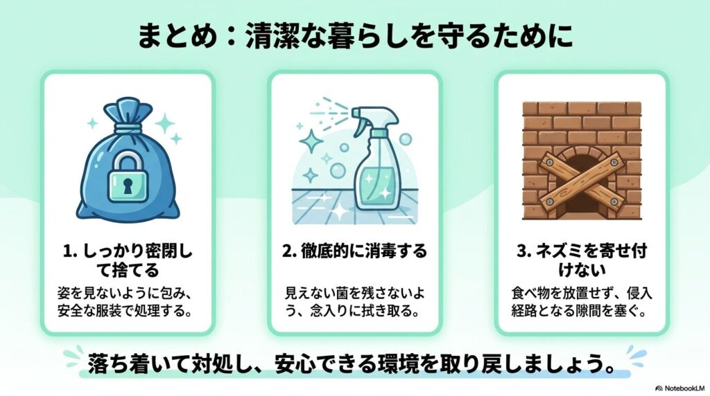 清潔な暮らしを守るための3つのまとめ（密閉処分、徹底消毒、侵入防止）を提示するスライド。