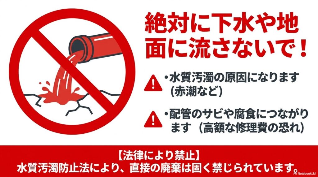 アドブルーを下水や地面に流すことの禁止理由と、それに関連する法律についての警告です。