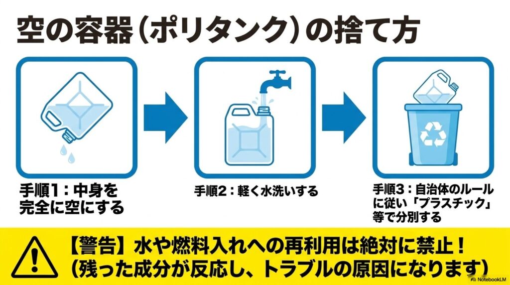空のアドブルー容器の捨て方の3つの手順と、容器の再利用禁止に関する警告です。