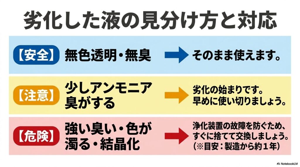 アドブルーの状態を色や臭いで判断する「安全」「注意」「危険」の3つの基準の一覧です。