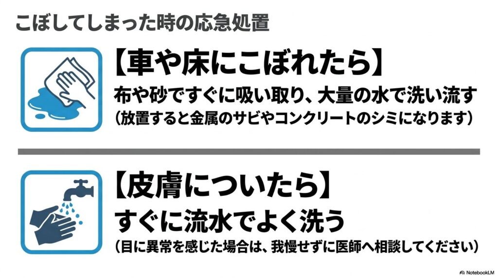 アドブルーを車や床にこぼした際や、皮膚に付着した際の応急処置についての説明です。