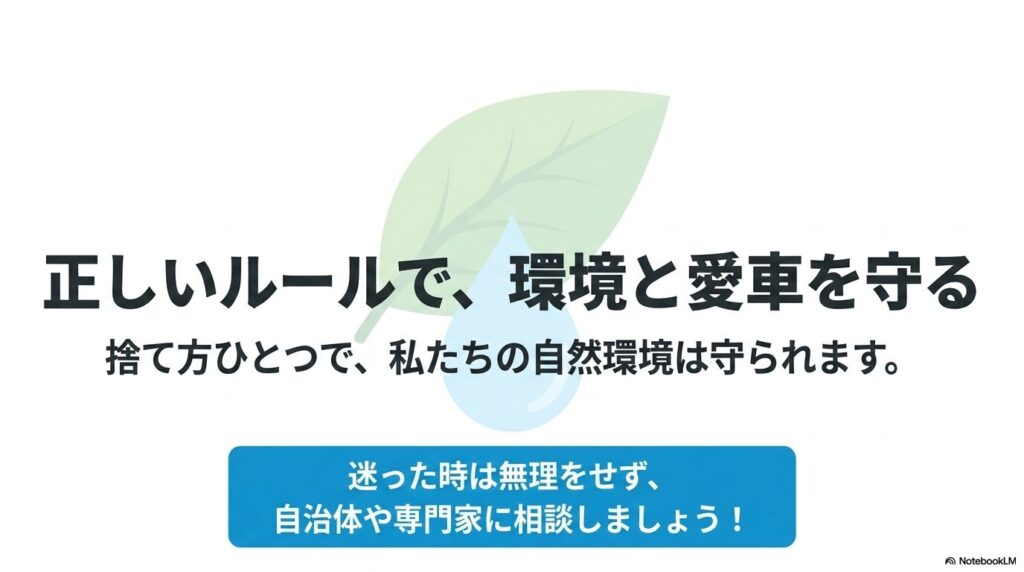 正しいルールで環境と車を守ることを呼びかけ、迷った際の相談を促す結びのスライドです。