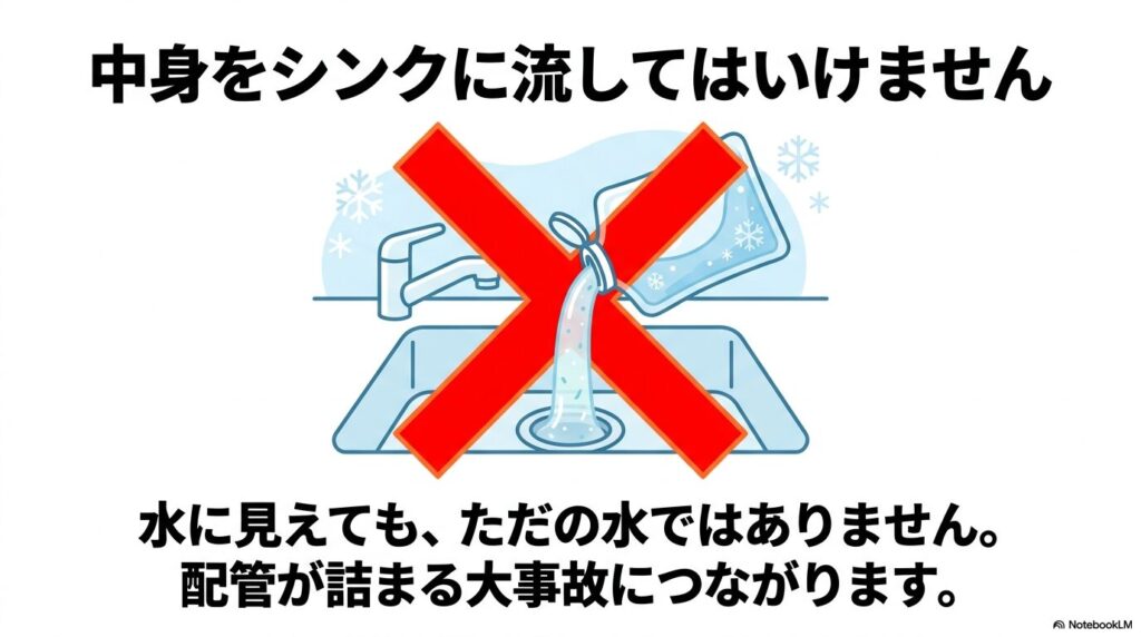 保冷剤の中身をシンクに流してはいけない理由として、配管が詰まる事故のリスクを警告するスライド。