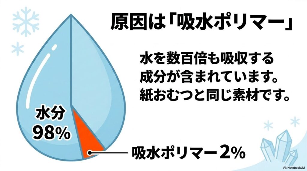 保冷剤の主成分が水分98%と吸水ポリマー2%であることを、水滴型のグラフで示した解説図。
