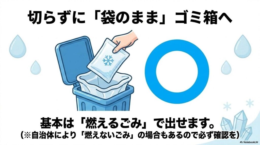 保冷剤の正しい捨て方として、袋を切らずにそのまま「燃えるごみ」として出す手順の紹介。