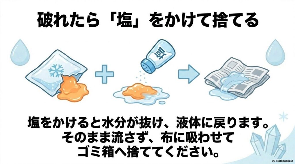 保冷剤が破れた際に、塩をかけて液体に戻してから布に吸わせて捨てる対処法の手順。
