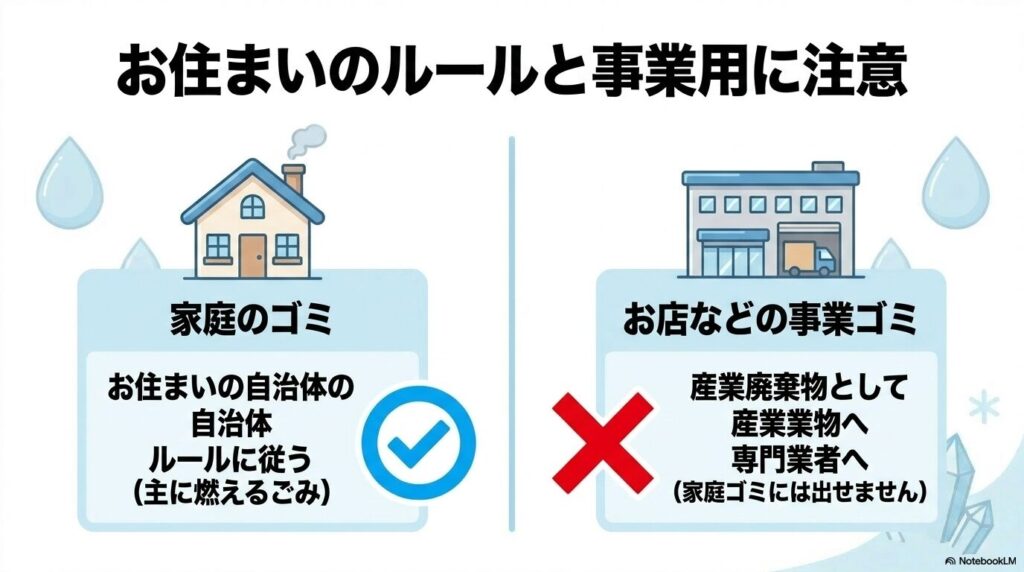 家庭ごみと事業ごみの出し方の違いを比較し、店舗の場合は専門業者への依頼が必要なことを説明。