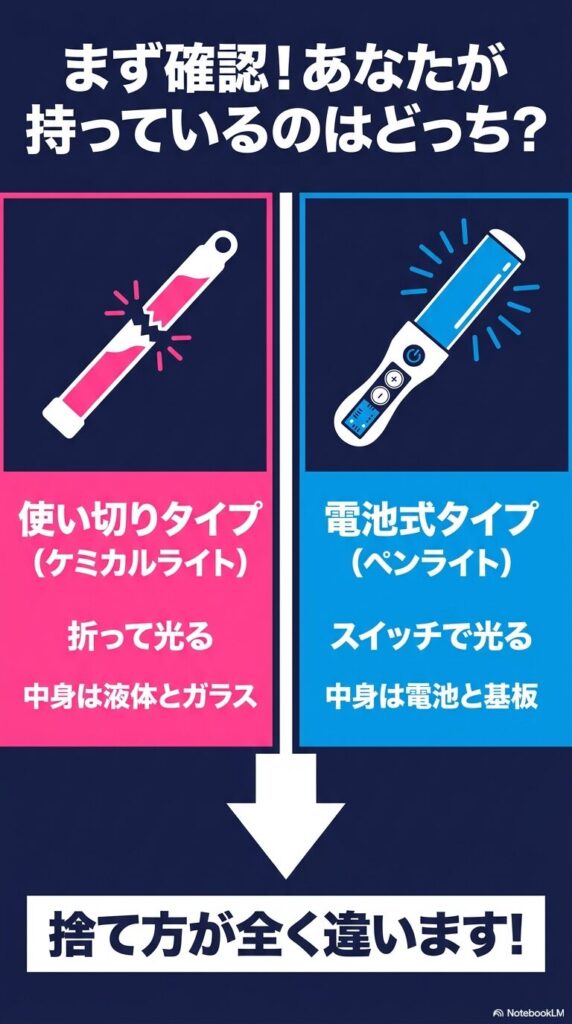 持っているペンライトが、折って光る「使い切りタイプ」か、スイッチで光る「電池式タイプ」かを確認する手順。