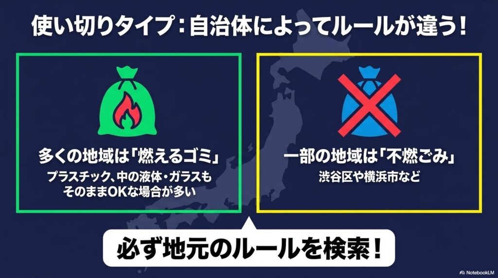 使い切りタイプの捨て方は自治体により異なり、燃えるゴミか不燃ごみか地元のルールを確認する必要がある。