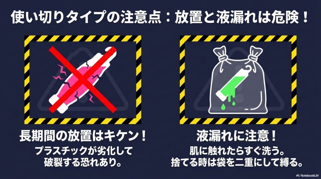 使い切りタイプの処分時の注意点として、長期放置による破裂の危険と液漏れへの対処法についての解説。
