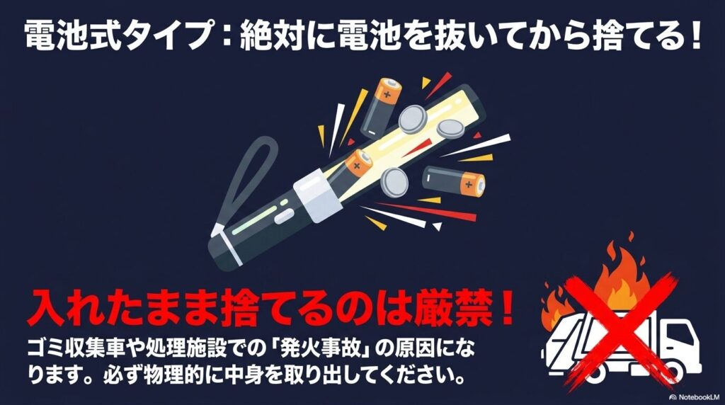 電池式ペンライトを捨てる際は、ゴミ収集車などの発火事故を防ぐために必ず電池を抜く必要があるという重要事項。
