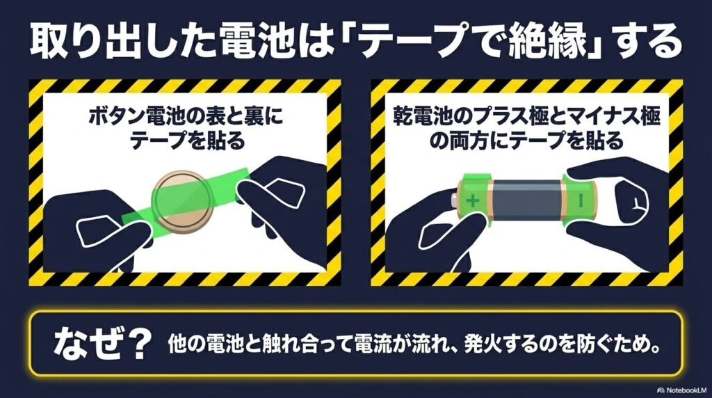 取り出した電池の端子をテープで絶縁する方法と、他の電池との接触による発火を防ぐ理由についての説明。