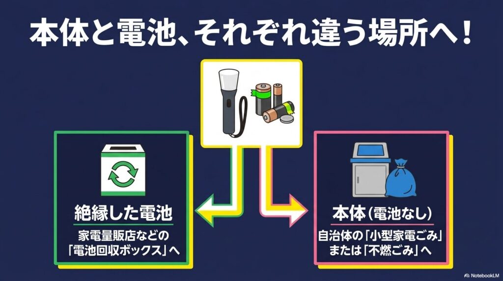 電池を抜いたペンライト本体と絶縁した電池のそれぞれの処分場所(回収ボックスとゴミ区分)の案内。