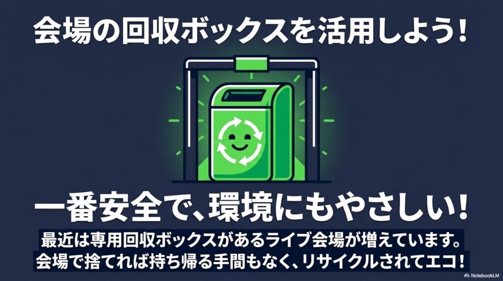 ライブ会場に設置されている専用回収ボックスを利用することのメリット(安全・便利・エコ)の紹介。
