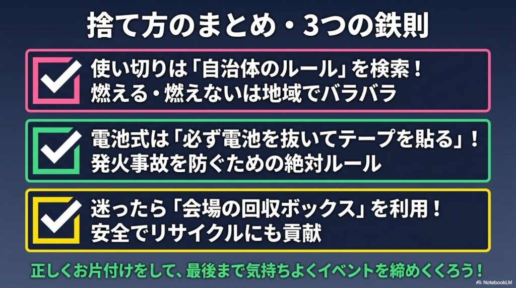 使い切り・電池式の捨て方と会場回収ボックスの利用という3つの鉄則をまとめたチェックリスト。