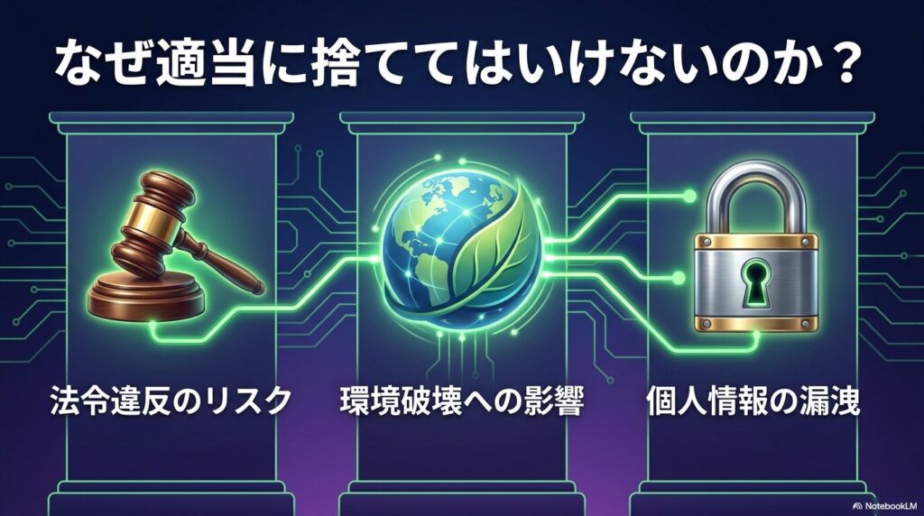 プリント基板を不適切に捨てることによる、法令違反、環境破壊、個人情報漏洩の3つのリスクを説明しています。