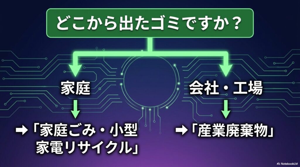 プリント基板の排出元が「家庭」か「会社・工場」かによって、廃棄区分が異なることを示すフローチャートです。