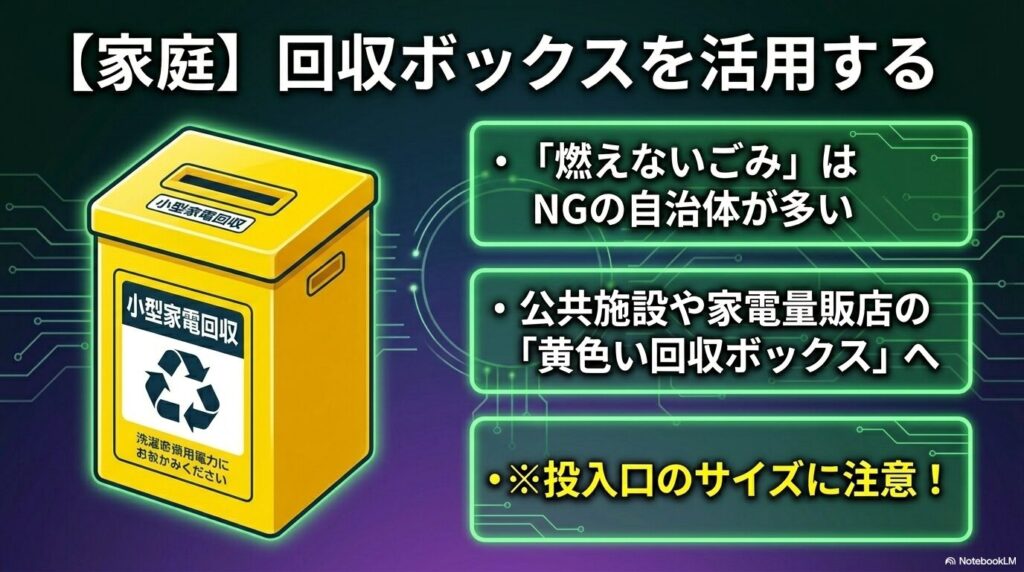 家庭での処分方法として、公共施設や家電量販店にある黄色い小型家電回収ボックスの活用と注意点を説明しています。