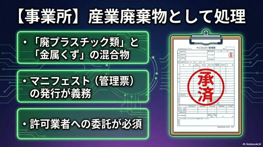 事業所での処分方法として、産業廃棄物の分類、マニフェストの発行、許可業者への委託が必須であることを説明しています。