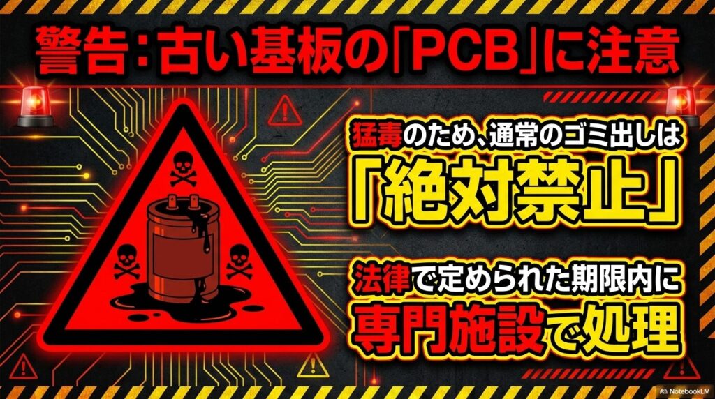 古い基板に含まれる猛毒のPCB（ポリ塩化ビフェニル）の危険性と、専門施設での処理義務について警告しています。