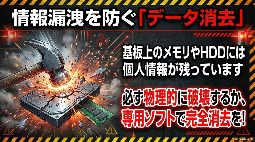 基板上のメモリやHDDからの情報漏洩を防ぐため、物理的破壊や専用ソフトによるデータ消去の徹底を促しています。
