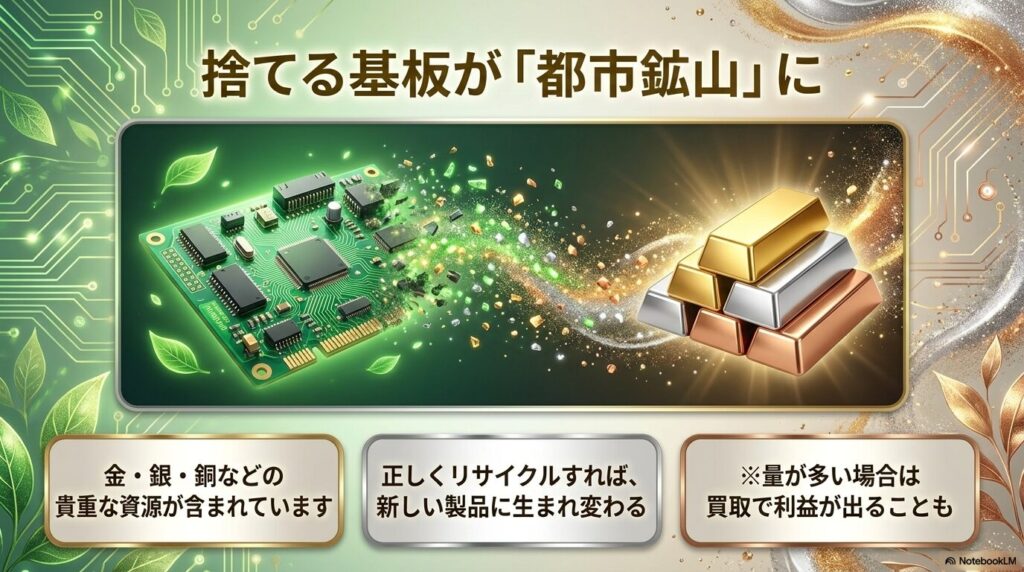 プリント基板に金・銀・銅などの貴重な資源が含まれていることを示し、リサイクルや買取のメリットを説明しています。