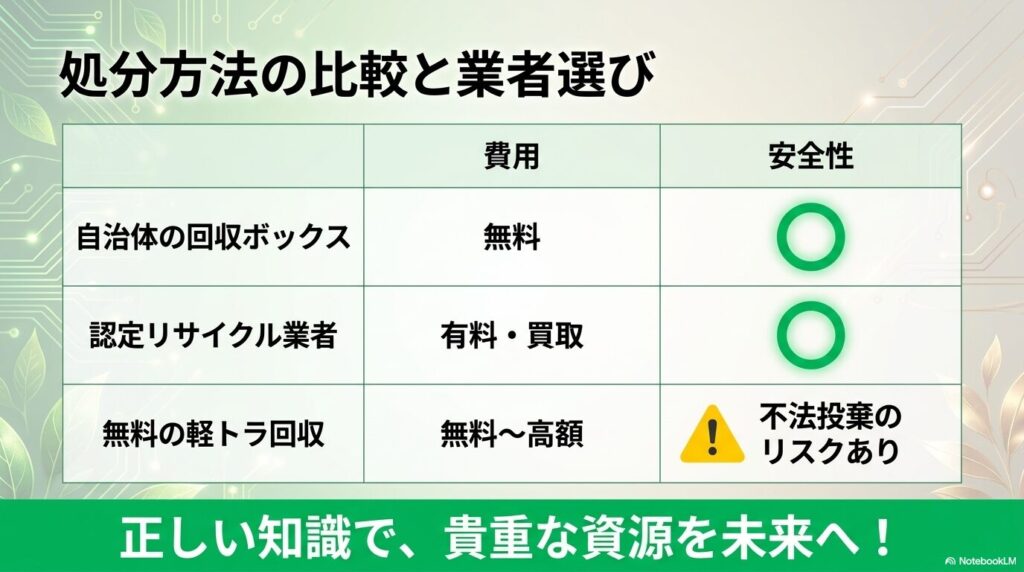 3つの処分方法を費用と安全性の面で比較し、正しい知識を持って資源をリサイクルすることを呼びかけています。