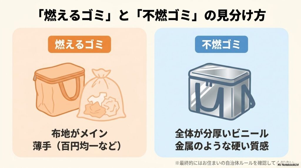 保冷バッグの素材や質感に基づいた、燃えるゴミと不燃ゴミの具体的な見分け方を提示しています。