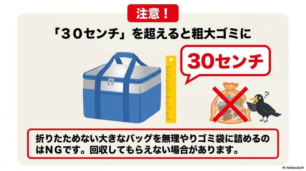 30センチを超えるサイズのバッグは粗大ゴミ扱いになる可能性があるため、無理な袋詰めは避けるよう注意を促しています。